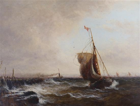 GM (19th century), oil on millboard, Fishing boats returning to port, Yarmouth, title inscribed verso 22 x 29cm